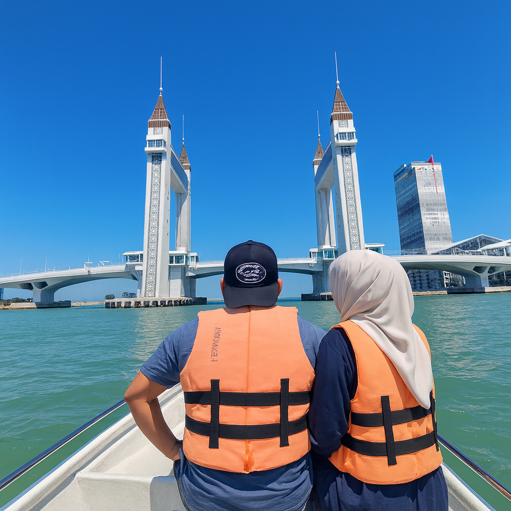 Bot persiaran KOKANUN Travel menyusuri Sungai Terengganu dengan latar belakang Jambatan Angkat.